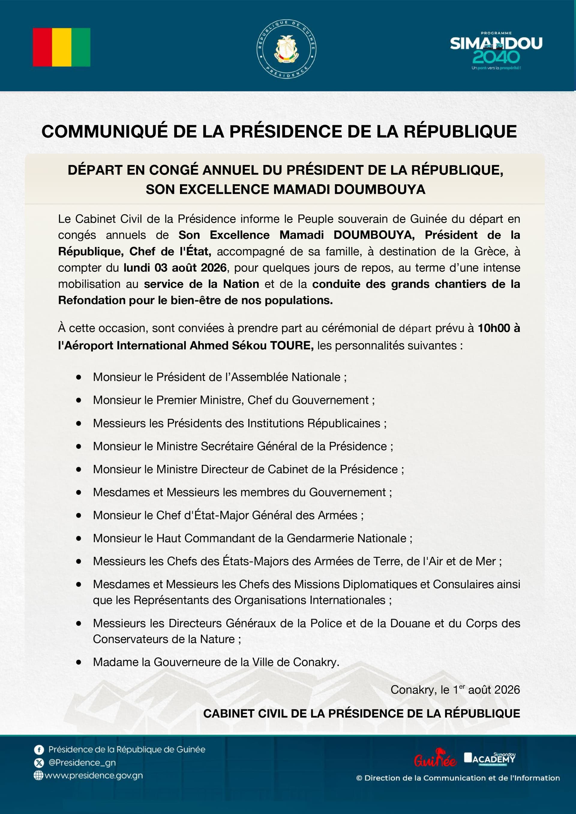 𝐂ommuniqué La présidence de la République de Guinée
