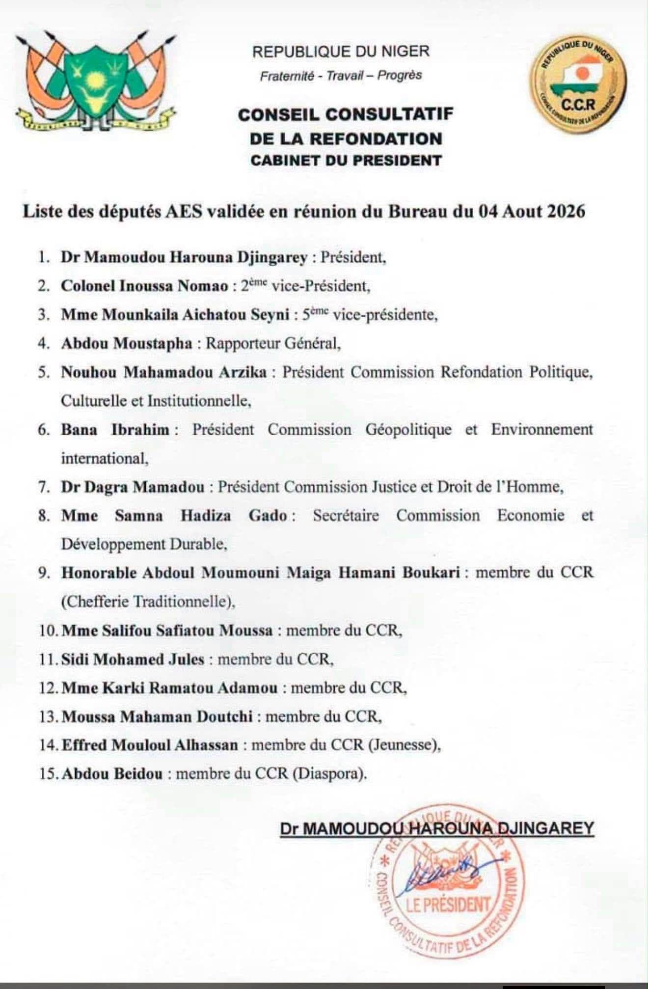 Liste des députés AES validée en réunion du Bureau du 04 Août 2026